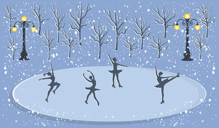 Figure skaters on the ice rink - winter park, night, lights, falling snow - flat style - vectorのイラスト素材