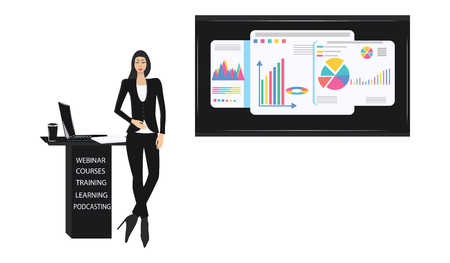 Business Asian woman, elegant, stylish, presents a screen with diagrams - isolated on white background - vector. Financial Success Concept.のイラスト素材