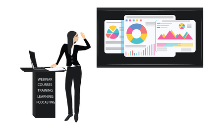 A woman, a company manager, in a pantsuit, stylish, gives a presentation and shows on the screen with diagrams - isolated on white background - vector. Financial Success Concept.のイラスト素材