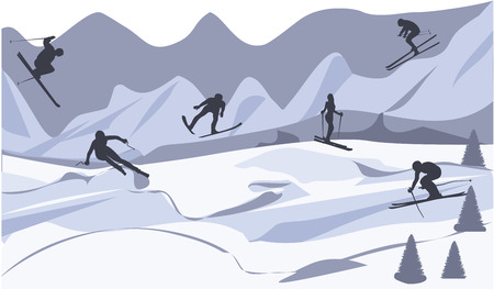 Skiers - rest in the mountains - flat style - illustration, vector. Winter sportsのイラスト素材