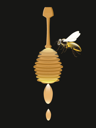 Honey dipper with flowing drops and bee - isolated on black background - vector. Natural Product Conceptのイラスト素材