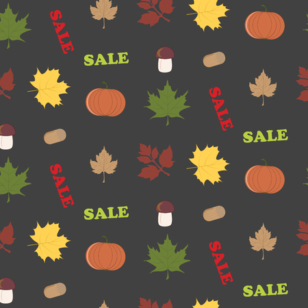 Sale - pattern - bright leaves, pumpkin, mushrooms, nuts - vectorのイラスト素材