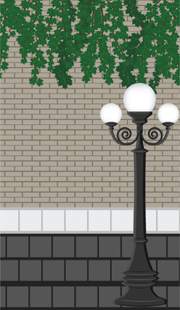 Lamppost, brick wall, green branches - flat style - vectorのイラスト素材