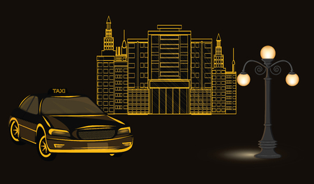 Taxi machine, building, lamp post, icon symbol - Public transport symbol. - black background - vectorのイラスト素材