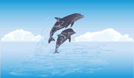Seascape, cloudy sky - Dolphins, funny, couple, jump out of the water - illustration vectorのイラスト素材