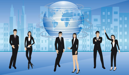 Globe on the background of the urban landscape as a global symbol of progress - Men and women in stylish business suits - vector.のイラスト素材