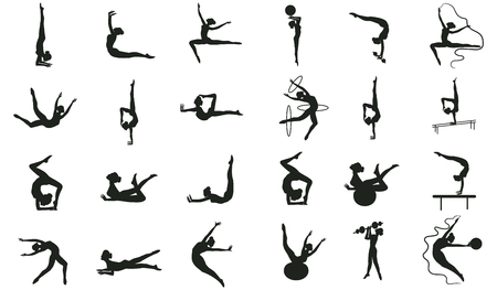 Set of fitness, pilates, yoga - twenty four stretching exercises, rings, tape, ball - detailed - vectorのイラスト素材