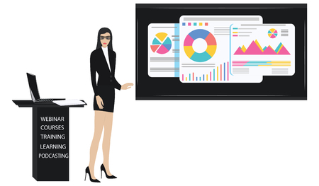 Business Woman, modern, elegant, with glasses, in a suit with a skirt, holds a seminar - a screen with diagrams - isolated on white background - vector. Concept of financial successのイラスト素材