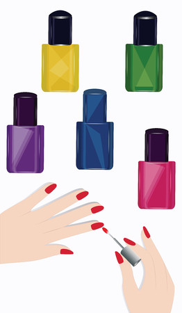 Set of five bottles of nail polish - female hands - applying manicure - isolated on white background - vectorのイラスト素材