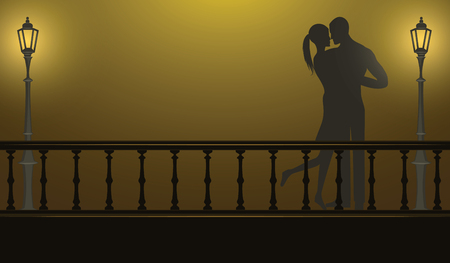 Night, bridge, street lamp, couple in love - illustration, vectorのイラスト素材