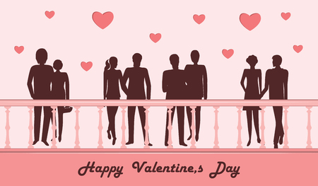Couples in love walk on the bridge - red hearts - illustration, vector. Happy Valentine's Day.のイラスト素材
