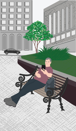 Cityscape. Alley A man sits on a bench and takes a selfie - flat style - illustration, vectorのイラスト素材