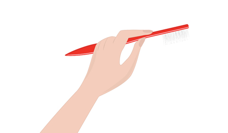 Toothbrush red in female hand, realistic - - isolated on white background - vector.のイラスト素材