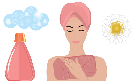Personal Care - Woman in a pink towel turban, body wash sponge, foam, detergent bottle - flat style - isolated on white background - vectorのイラスト素材