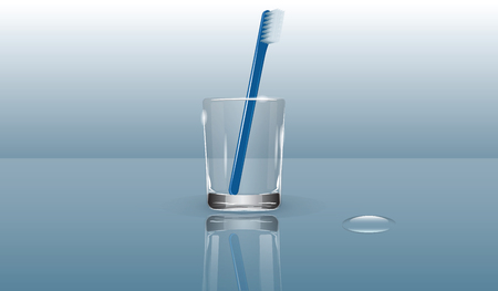 Toothbrush, blue, realistic, in a transparent glass, a drop of water - a glass reflection - vector.のイラスト素材