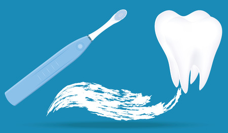 Electric toothbrush - Tooth - blue background and wave, water splash in grunge style - flat style - vectorのイラスト素材