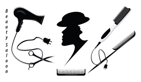 Abstract female face in profile and hairdresser tools - flat style, isolated on white background - vector. Beauty Salon Logoのイラスト素材