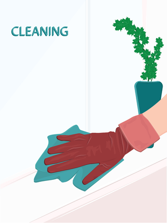 Home cleaning - A hand in rubber glove washes a window sill with a rag - flat style - vectorのイラスト素材