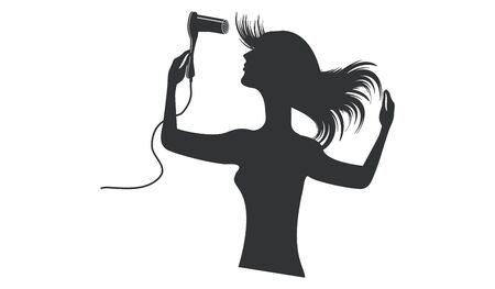 Silhouette woman dries hair with hairdryer - isolated - on white background - flat style - vector. Body careのイラスト素材