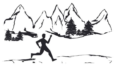 Silhouette of the athlete running in nature - mountains, forest - white background - vectorのイラスト素材