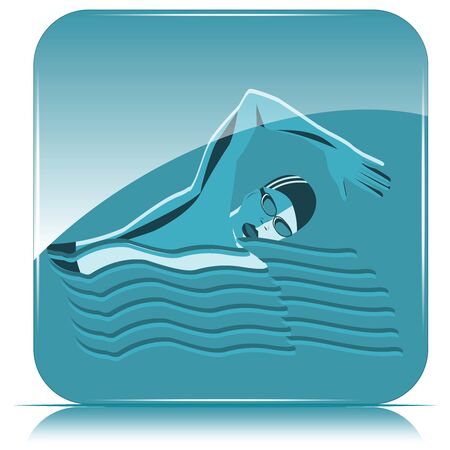 Square icon - Swimmer on blue background, abstract waves - vector. Sports lifestyle. Pool. Character for water sports.のイラスト素材