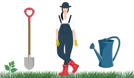 Girl in work overalls, hat, rubber gloves and boots, shovel, grass watering can - isolated on white background - vector Work in the garden.のイラスト素材