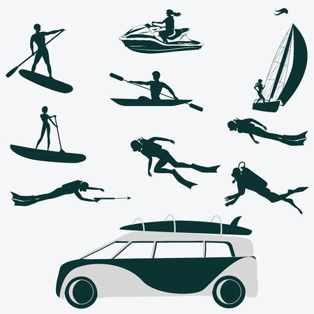 Silhouettes diver, surfer, water bike, sailboat, kayak. Car for transporting tourists - vector. Life style. Water sports.のイラスト素材