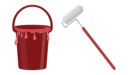Paint roller and bucket with red paint dripping over the edge - isolated on white background - flat style - vectorのイラスト素材