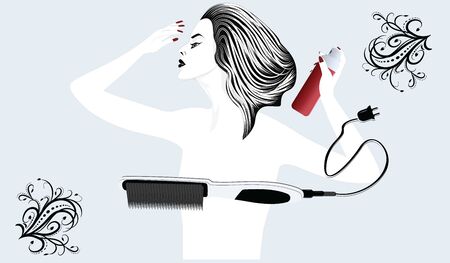 Stylish, elegant woman doing her hair style - electric hairbrush and hairspray - flat style, isolated on light background - vector. Beauty Salon Logoのイラスト素材