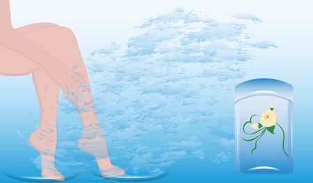 Female legs in the water, a bottle with a flower - illustration, vector. Cosmetic and therapeutic procedures for the legs.のイラスト素材