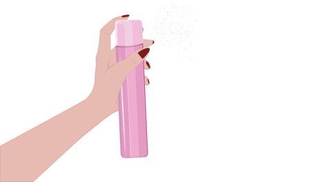 Pink hairspray in female hand - isolated on white background - flat style - vectorのイラスト素材