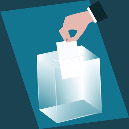 Ballot box - glass is transparent - man's hand drops a ballot paper - vector. Voting, election concept.のイラスト素材