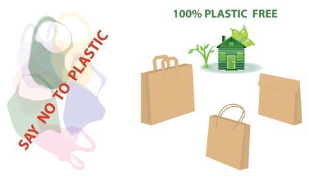 Eco house symbol - free plastic - paper bags - plastic bags - vector. Say no to plastic.のイラスト素材