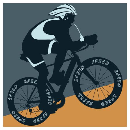 Silhouette of a racer on a bicycle in a helmet - dark green and yellow background - vector.のイラスト素材