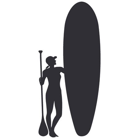 Sapboarding- sketch - girl with a paddle and a surfboard - isolated on white - vectorのイラスト素材