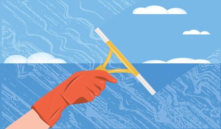 Cleaning service - window, lather, rubber-gloved hand and scraper - flat style - vectorのイラスト素材