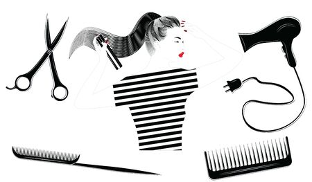 Set black and white - woman with long hair, hair spray, hairdryer, combs, scissors - isolated - flat style - vectorのイラスト素材