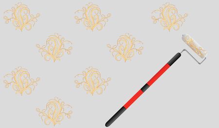 Drawing a flower stencil with a paint roller on the wall - flat style - vectorのイラスト素材