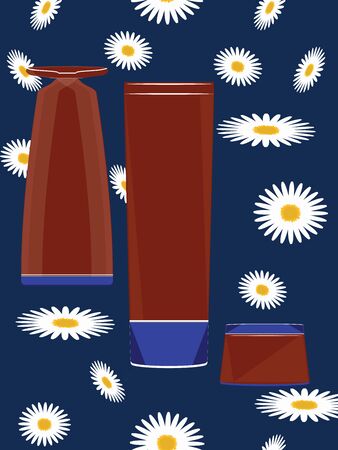 Three red perfume bottles for design - abstract blue background with white daisies - vectorのイラスト素材