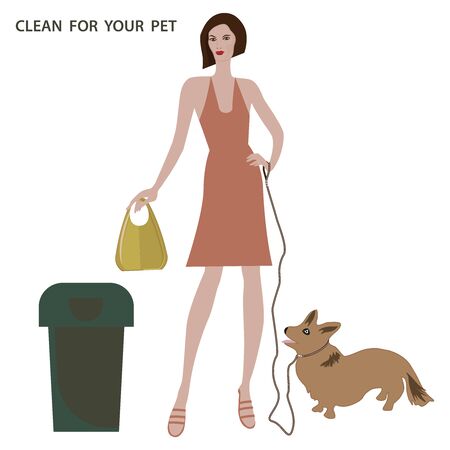 Take care of your pet - Charming corgi puppy on a leash - woman with bag in hand and trash can - isolated on white background - vectorのイラスト素材
