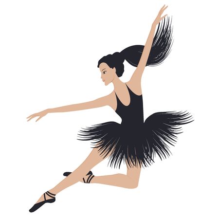 Ballet dancer in a jump - black ballet tutu - long hair gathered in a ponytail - isolated on white background - vectorのイラスト素材