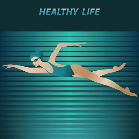Swimmer - a woman in a bathing suit, glasses - abstract striped background - vector. Pool. Character Water sports.のイラスト素材