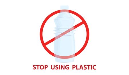 Icon - transparent bottle in the red circle - inscription Stop use plastic - isolated on white background - vectorのイラスト素材