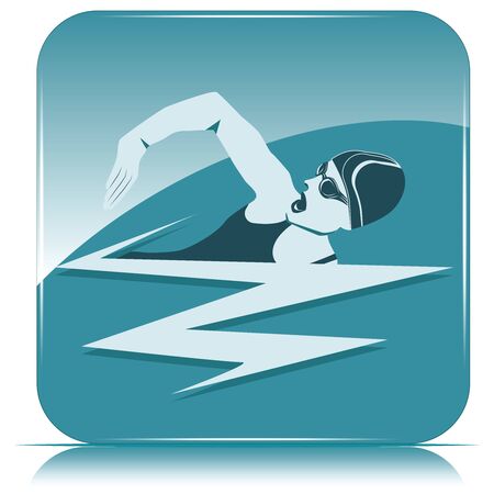 Square icon - swimmer, woman on blue background - vector. Sports lifestyle. Pool. Character for water sports.のイラスト素材