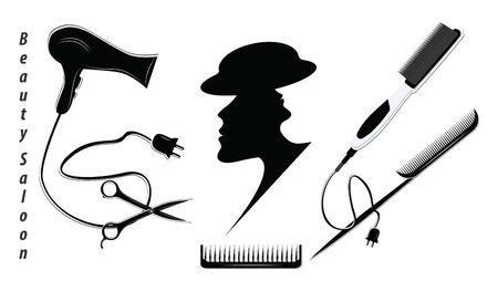 Abstract female face in profile and hairdresser tools - flat style, isolated on white background - vector. Beauty Salon Logoのイラスト素材