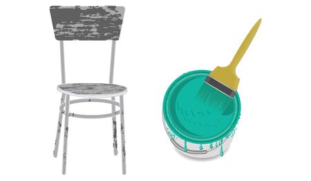 Old chair in grunge style, can of paint with a brush - isolated on white background - vector.のイラスト素材