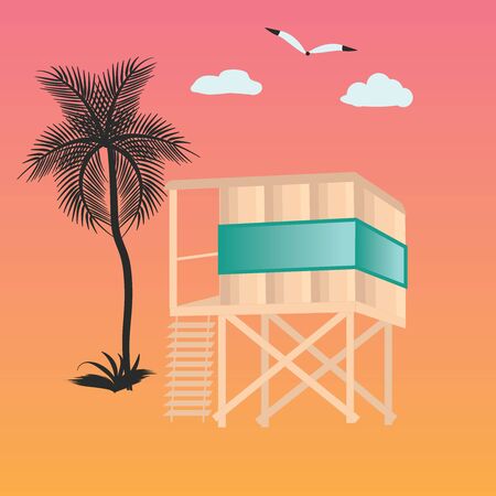 Lifeguard tower on the water, palm tree, clouds - abstract background - illustration, vector. Journey. Rest on the sea.のイラスト素材
