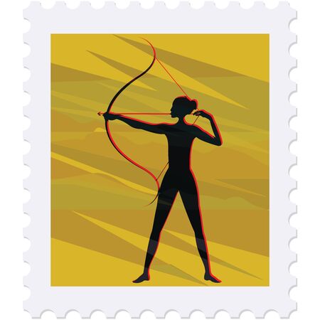 Postage stamp - Archer female silhouette - isolated on white background - vector. Sport. Championship. Healthy lifestyleのイラスト素材