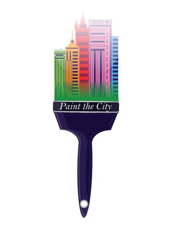 Paint the city - colorful buildings on the handle of a paint brush - isolated on white background - flat style - vectorのイラスト素材