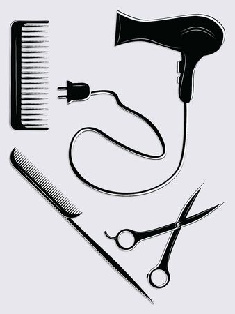 Set black and white - hairdresser tools - hairdryer, combs, scissors - isolated - vectorのイラスト素材